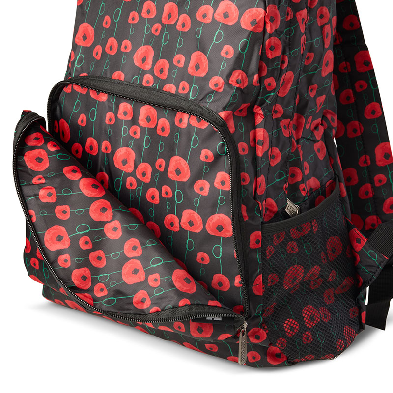 unzipped poppy merchandise rucksack with shoulder straps